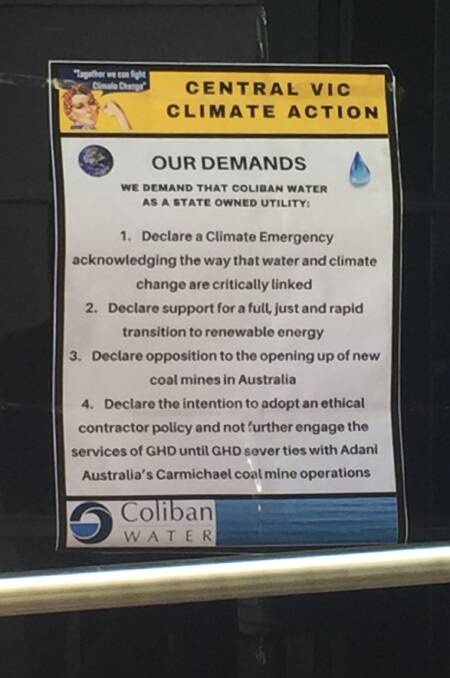 A list of demands placed by protesters outside the Coliban Water offices. Picture: EMMA D'AGOSTINO