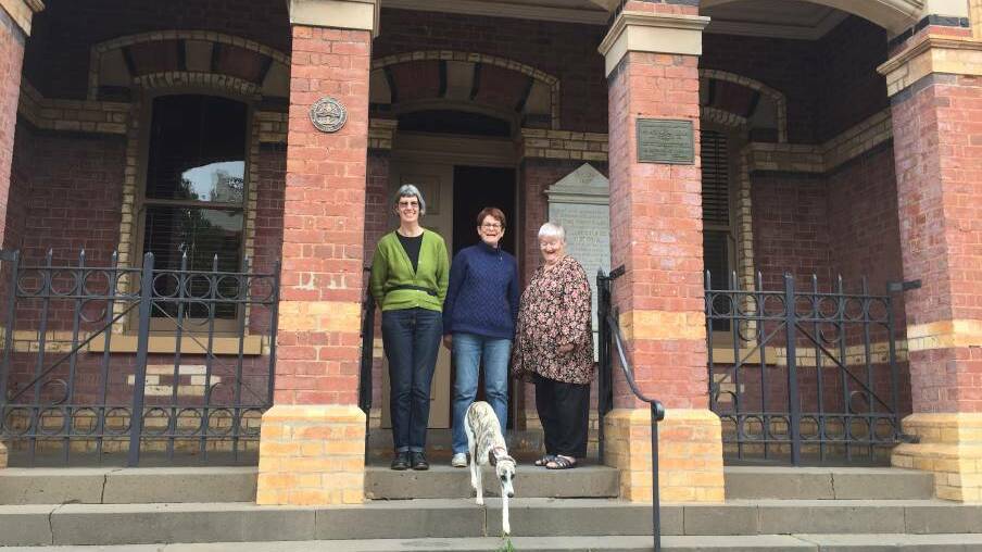 ADVOCATING FOR CHANGE: Dunolly and District Hospital Auxiliary's Marion Da Costa, Fiona Lindsay and Faye Nicholson with Bessie the dog in 2019. Picture: EMMA D'AGOSTINO