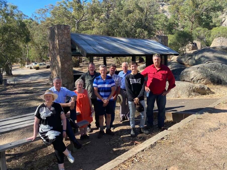 Member for Ripon Louise Staley and Member for Murray Plains Peter Walsh with members of the Catto family outside Catto Lodge. Picture: SUPPLIED