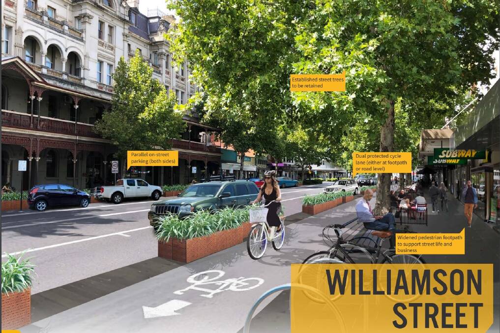 An artist's impression of potential streetscape design improvements for Williamson Street, as pictured in the draft Bendigo City Centre Plan. The plan is out for comment from the public.