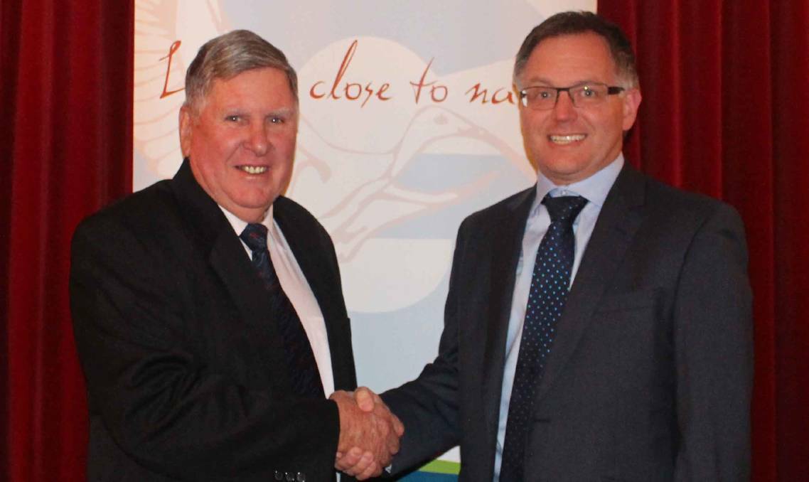 Then Gannawarra mayor, Neville Goulding, welcomes Eric Braslis to the role of chief executive officer in 2015. Picture: GANNAWARRA TIMES