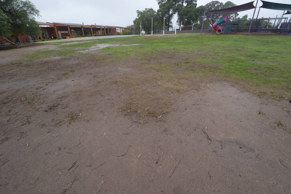 The so-called 'soccer pitch' at Bendigo Violet Street Primary School. Students use the cricket nets and a gap between two picnic benches as the goals when playing soccer. Picture: NONI HYETT