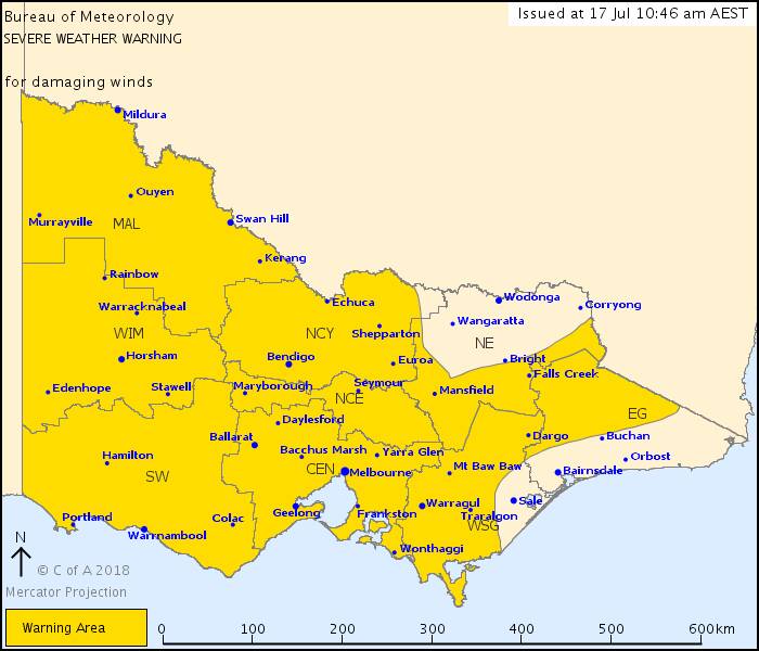 A severe weather warning for damaging winds remains in place for much of the state. Picture: BUREAU OF METEOROLOGY