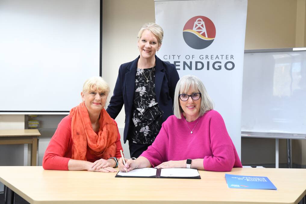 COMMITMENT: Victorian small business commissioner Judy O'Connell, Member for Bendigo West Maree Edwards and Bendigo mayor Margaret O'Rourke. Picture: EMMA D'AGOSTINO
