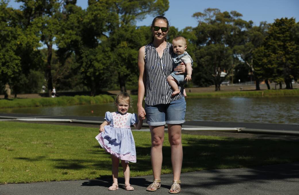 Elizabeth Keast, centre, with her children Lila, 2, and Kingsley, 6 months. Picture: EMMA D'AGOSTINO