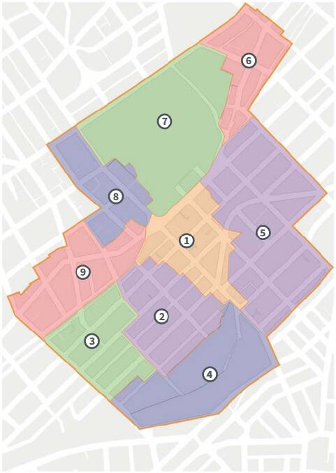 The city centre is divided into nine precincts in the draft plan, some of which are pictured. A complete image appears in the document.
