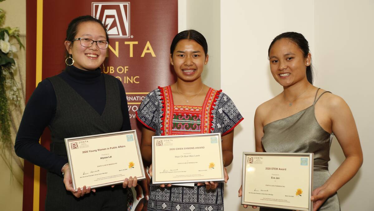 Three of the evening's five scholarship recipients: Alyssa Lai, Hser Oh Bue Htoo Lweh and Eva Jan. Picture: EMMA D'AGOSTINO