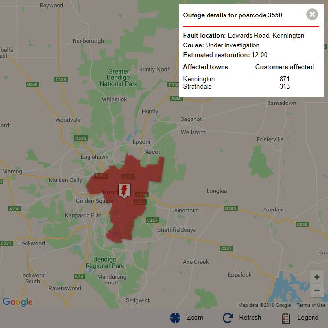 The Powercor website is reporting a power outage affecting properties in and around Kennington. 