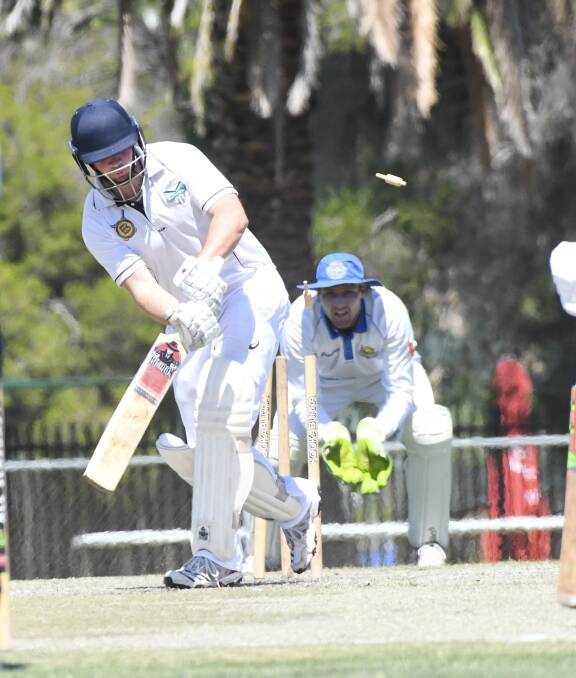 DEATH RATTLE: Huntly-North Epsom opener Ryan Grundy (3) is bowled by Golden Square's Kyal Rasmussen (1-43) early on Saturday. Pictures: NONI HYETT