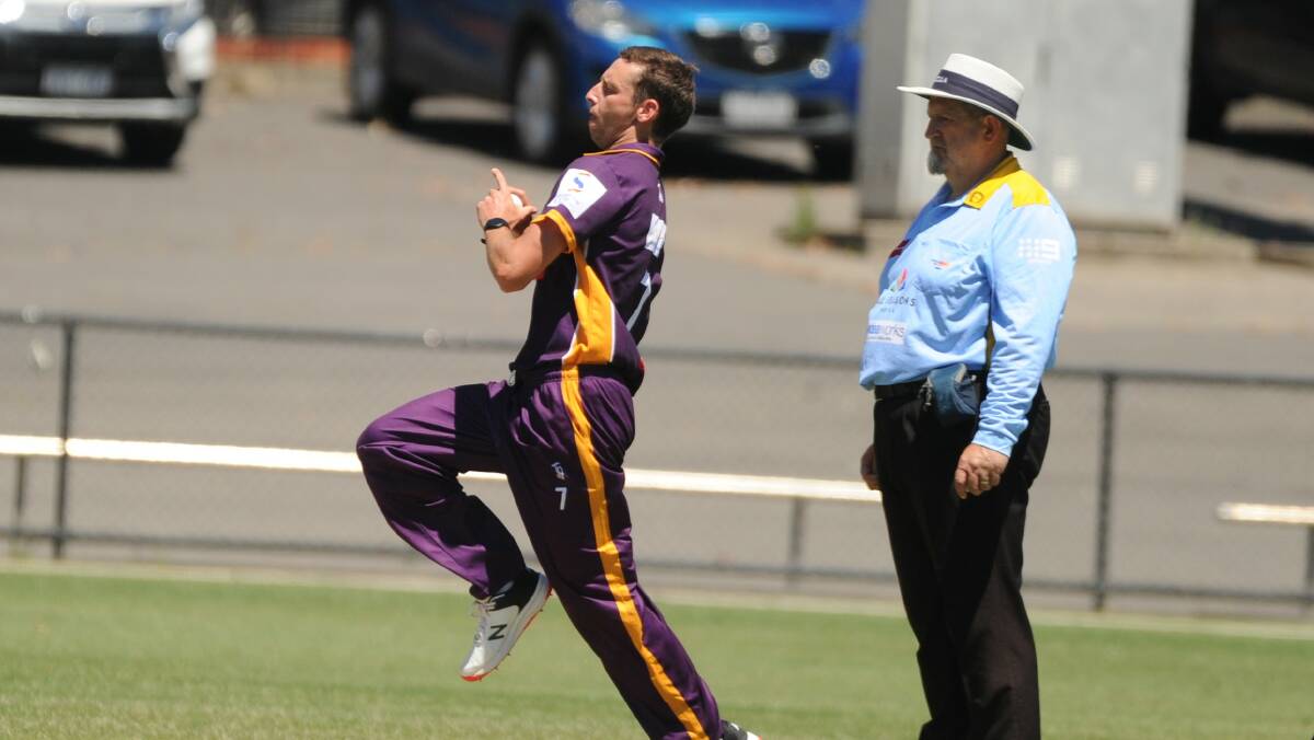 DETERMIONED: Rhys Irwin bowls for the East All-Stars at the QEO on Sunday. Picture: LUKE WEST