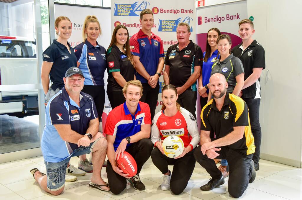 WAIT ALMOST OVER: Representatives from the 10 BFNL clubs, plus the umpires, at Friday's season launch. Pictures: BRENDAN McCARTHY
