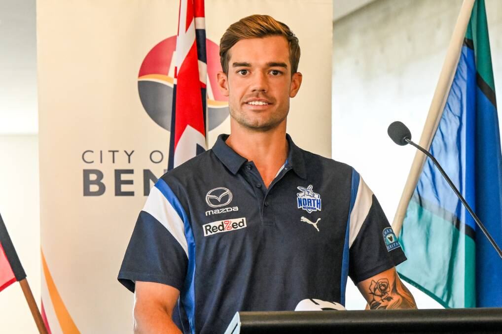 North Melbourne co-captain Jy Simpkin speaks at Monday's civic reception. Picture by Darren Howe