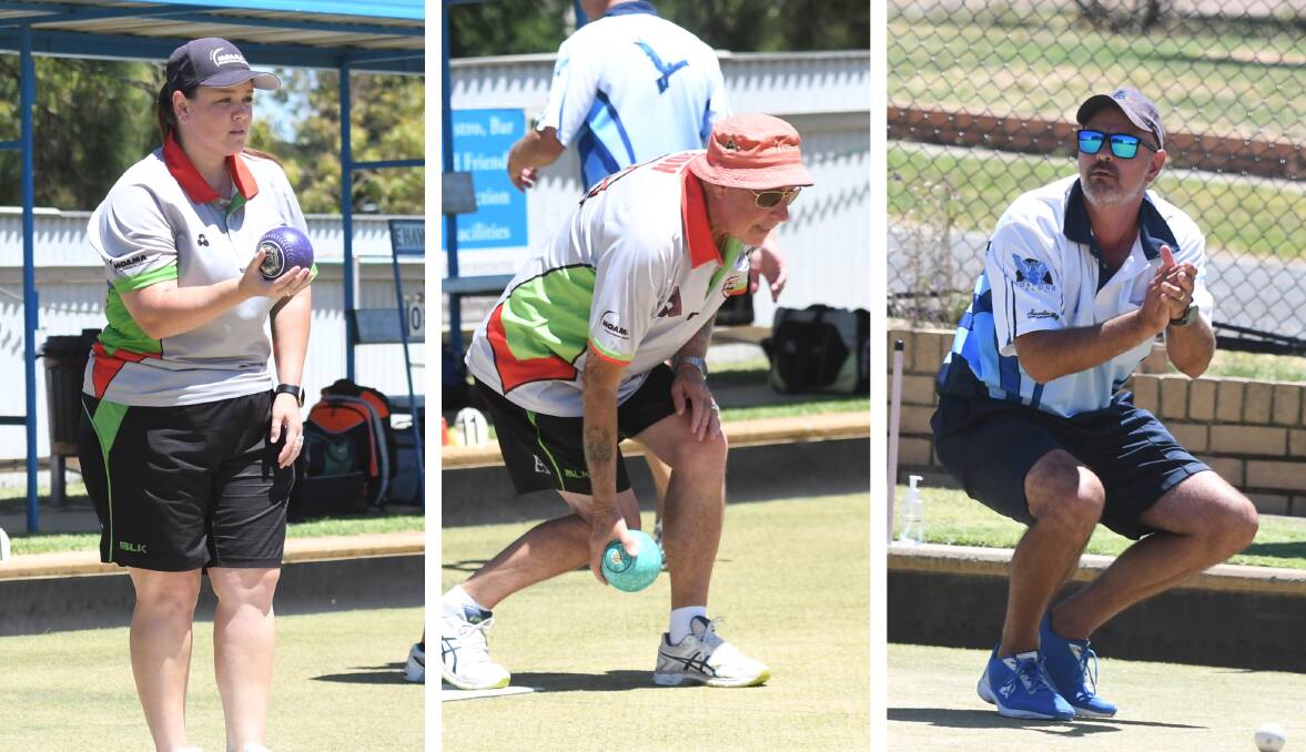BIG GUNS DO BATTLE: Moama's Cass Millerick and Ron Bunting and Eaglehawk skipper Dean Carter during Saturday's premier division match of the round. Moama won a thriller by three shots to retain top spot on the ladder. Pictures: LUKE WEST