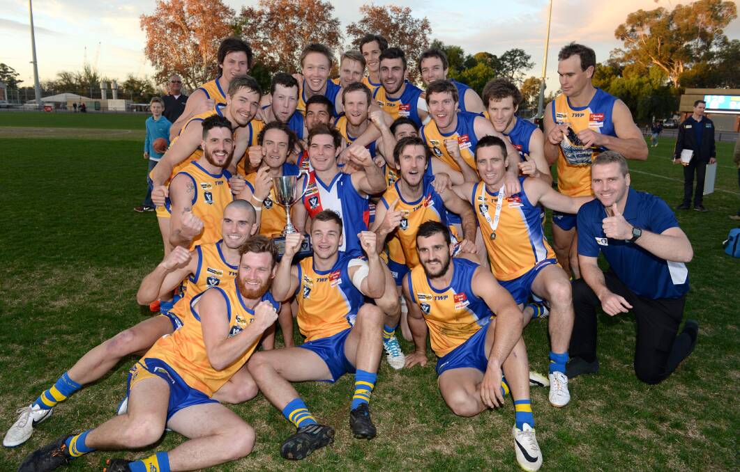 WINNERS ARE GRINNERS: The Bendigo team after defeating Gippsland by 34 points at the QEO in 2014.