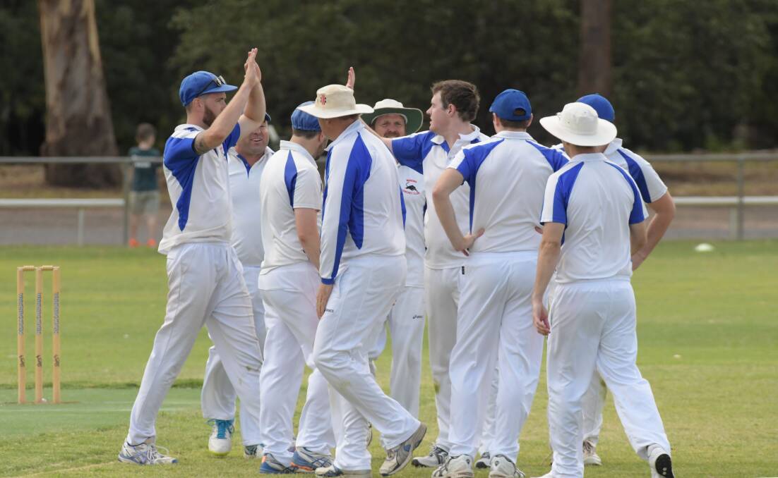 UP AND ABOUT: Marong celebrates one of its wickets against Mandurang on Saturday. The 37-run victory at home has propelled the Panthers into the EVCA top four with two home and away rounds remaining. Marong hasn't played in a finals series since 2011-12. Picture: NONI HYETT