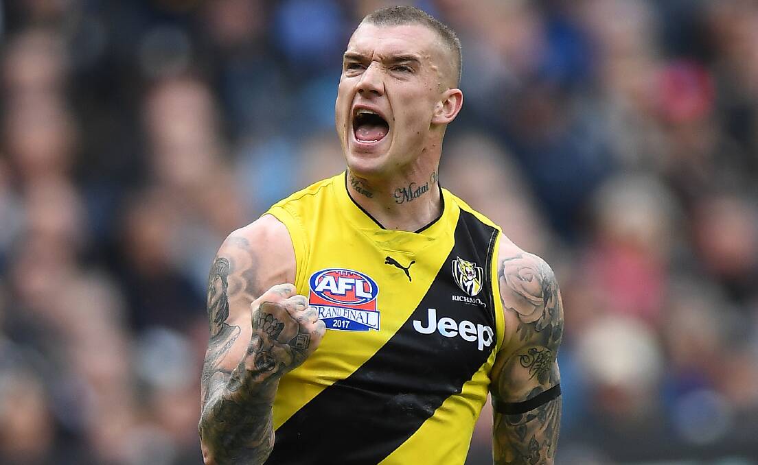 Dustin Martin celebrates one of his two goals on Saturday. Picture: AAP