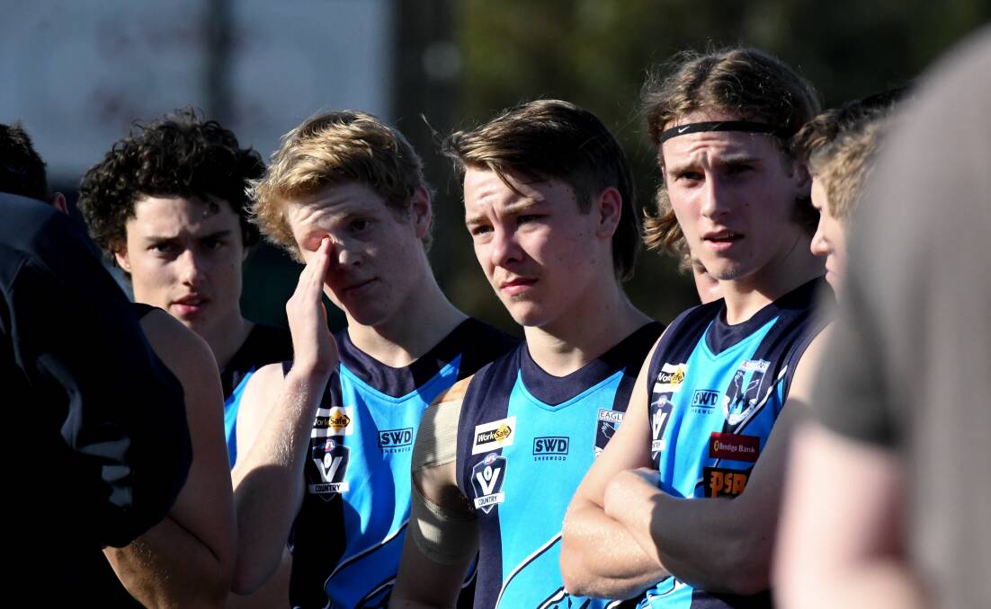ALL EARS: Eaglehawk players listen to coach Ash Grant at quarter-time on Saturday.