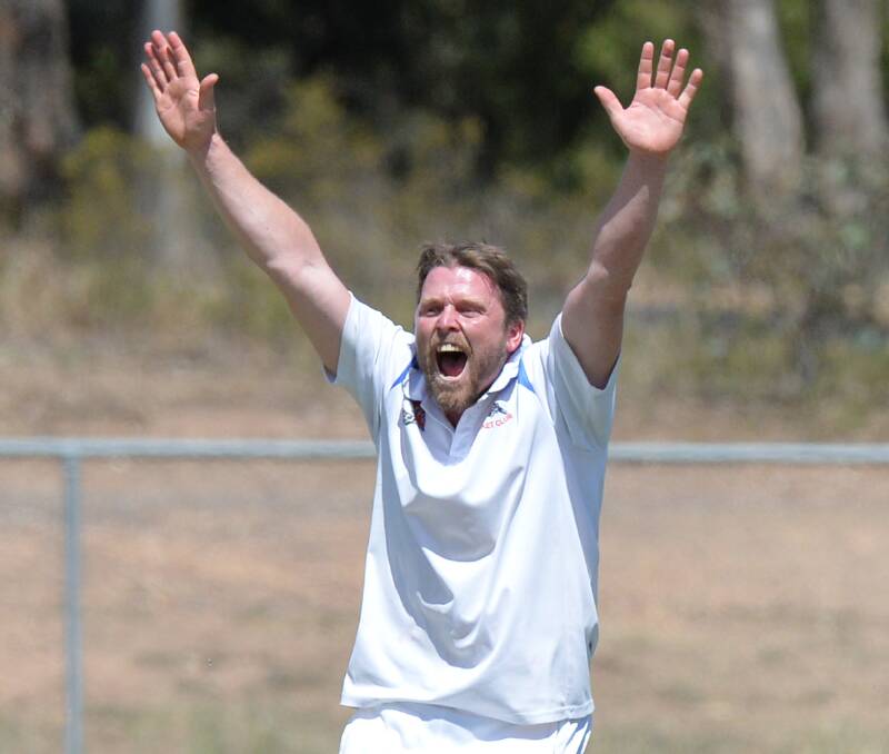 GOT HIM: Marong's Jeremy Ross celebrates one of his 152 wickets taken for the Panthers over the past decade. Picture: DARREN HOWE