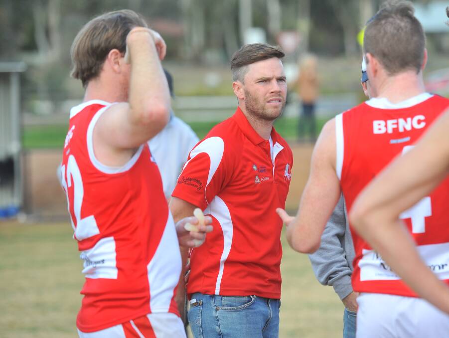 IN CHARGE: Bridgewater coach Marc Lindsay missed last week's 42-point win over Maiden Gully YCW Eagles with an abductor injury. He is back in the side on Saturday for the 1 v 2 clash with Calivil United. Picture: ADAM BOURKE