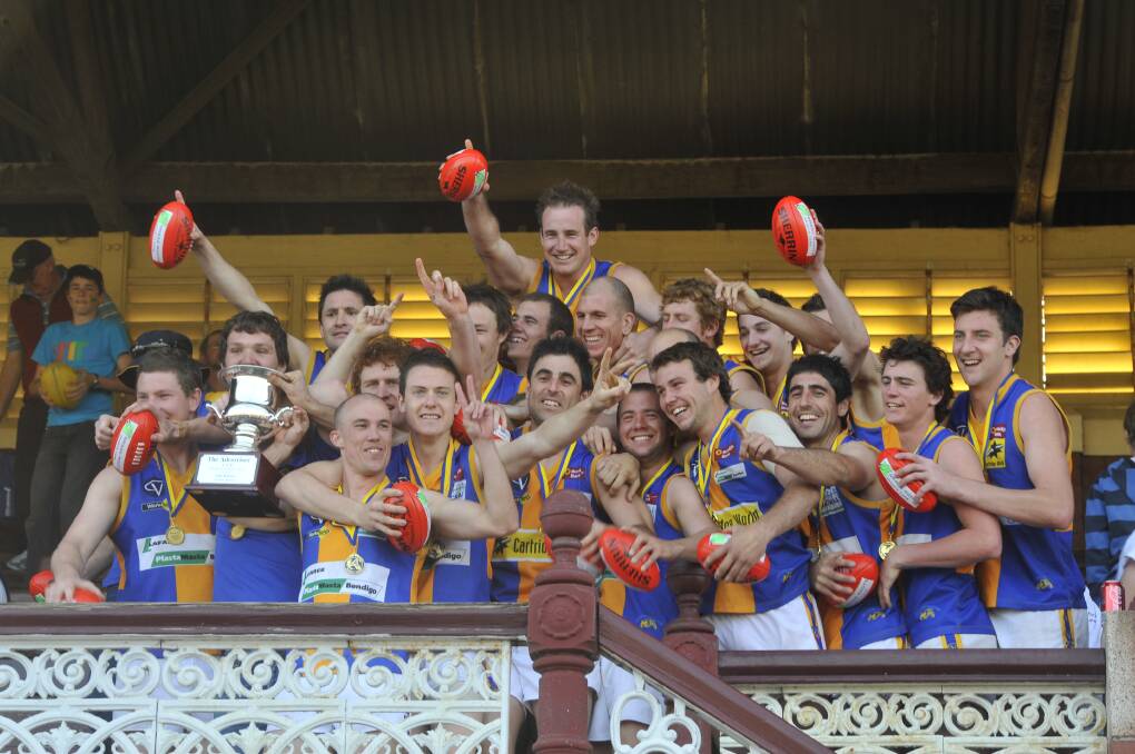 SENSATIONAL SQUARE: Golden Square players celebrate their 2010 BFNL grand final win over South Bendigo in the QEO grandstand.