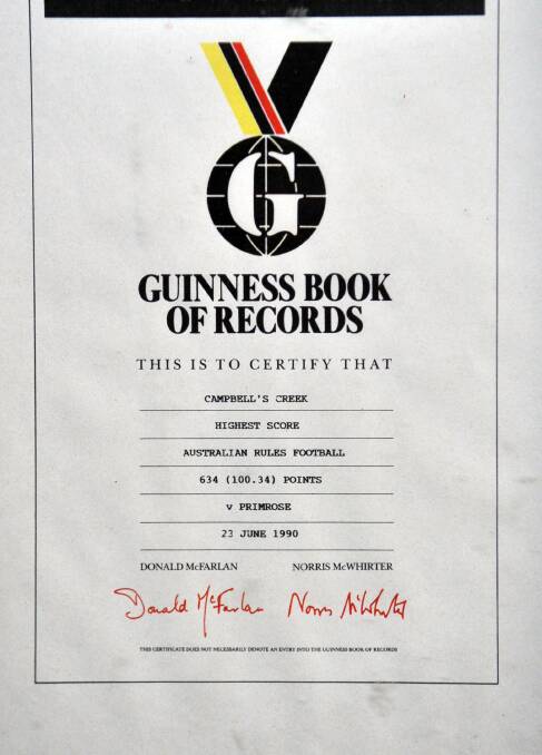 RECOGNITION: The Guinness Book of Records certificate that hangs in the Campbells Creek clubrooms acknowledging its 100-goal game against Primrose in 1990.