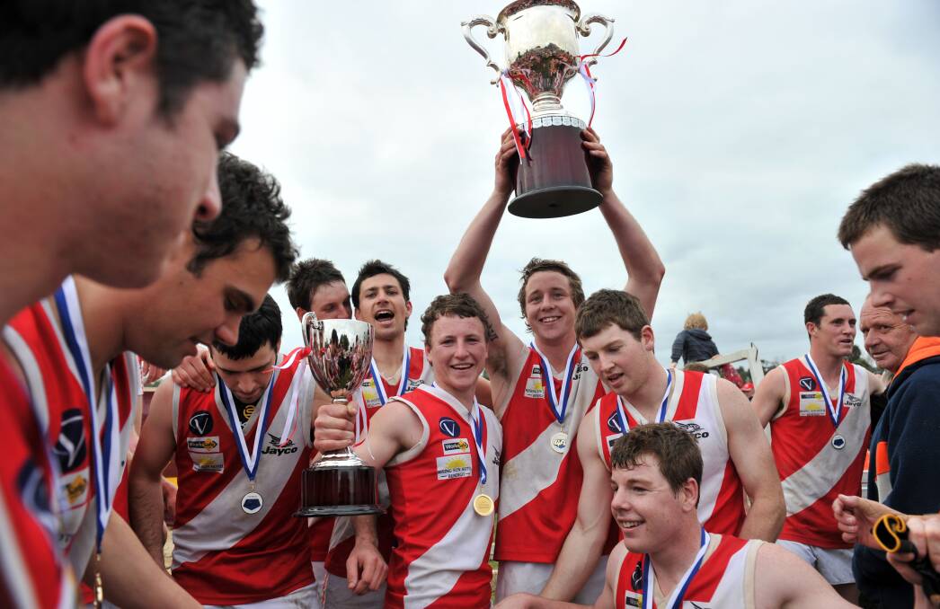 SIGN OF THINGS TO COME: Bridgewater celebrates its 115-point senior grand final win over Calivil United in 2010. The Mean Machine has won 11 flags in the past eight years.