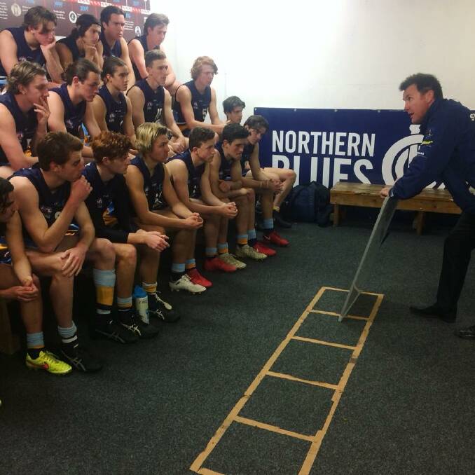 INSTRUCTIONS: Bendigo Pioneers coach Rick Coburn addresses his players at half-time of Sunday's TAC Cup wildcard match at Carlton's IKON Park. Picture: BENDIGO PIONEERS FACEBOOK PAGE