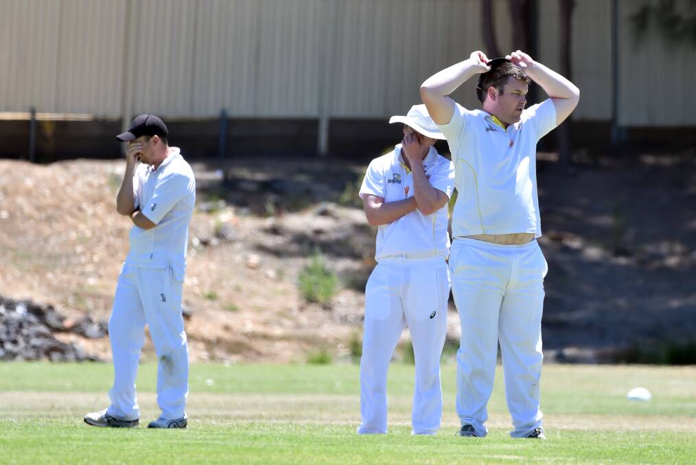 MISSED OPPORTUNITY: United players lament a dropped catch in their game against California Gully at Ewing Park on Saturday. The Tigers already have first innings points in the bag and will strive for an outright win on day two. Picture: GLENN DANIELS