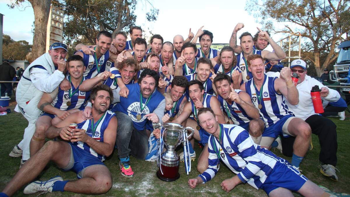 MIGHTY MITI: Mitiamo celebrates its grand final win over Pyramid Hill at Calivil. The Superoos won after trailing by 31 points. Pictures: GLENN DANIELS