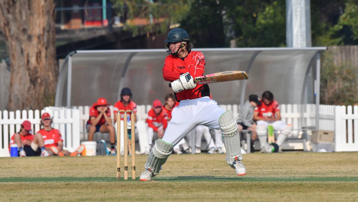 FINE KNOCK: Bendigo United's Max Cahoon during his innings of 54 n.o. against Huntly-North Epsom in the BDCA's under-16 A preliminary final on Saturday. The Redbacks comfortably won by 52 runs at Ewing Park. Picture: NONI HYETT