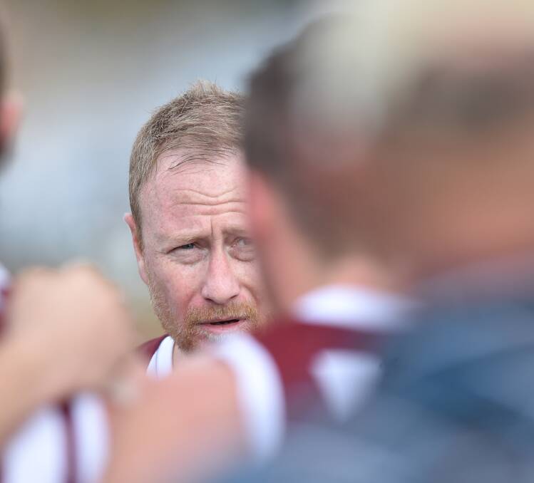 IN CHARGE: Newbridge coach Matt Dillon addresses his players earlier in the season. The Maroons enter Saturday's round seven in the Loddon Valley league against Bridgewater with a 3-2 record. Picture: GLENN DANIELS
