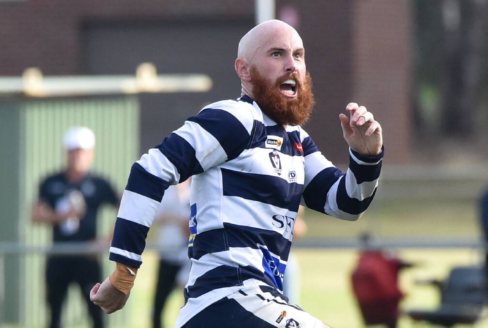 FAMILIAR SIGHT: Strathfieldsaye forward Lachlan Sharp celebrating a goal has been a regular occurrence over the past 13 years in the BFNL - he has done it 802 times starting with two in the club's inaugural game in 2009.