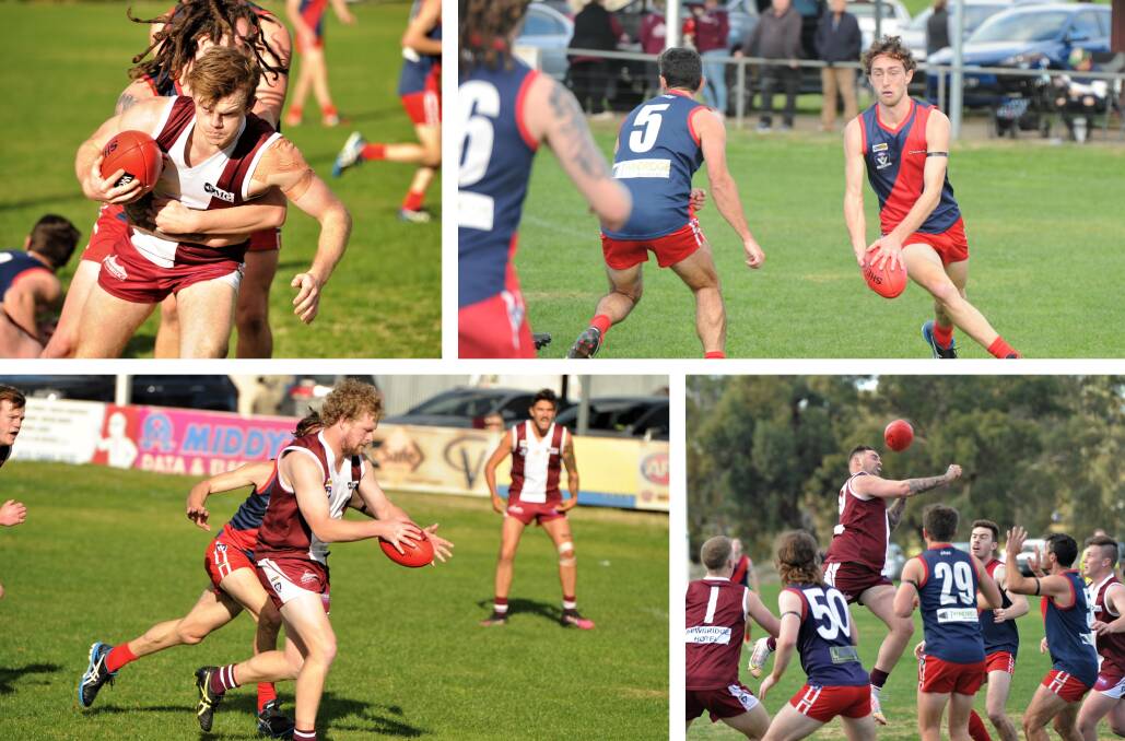 BATTLE AT RIVERSIDE PARK: Action from Newbridge's 31-point win over Calivil United in the LVFNL on Saturday. Pictures: ADAM BOURKE
