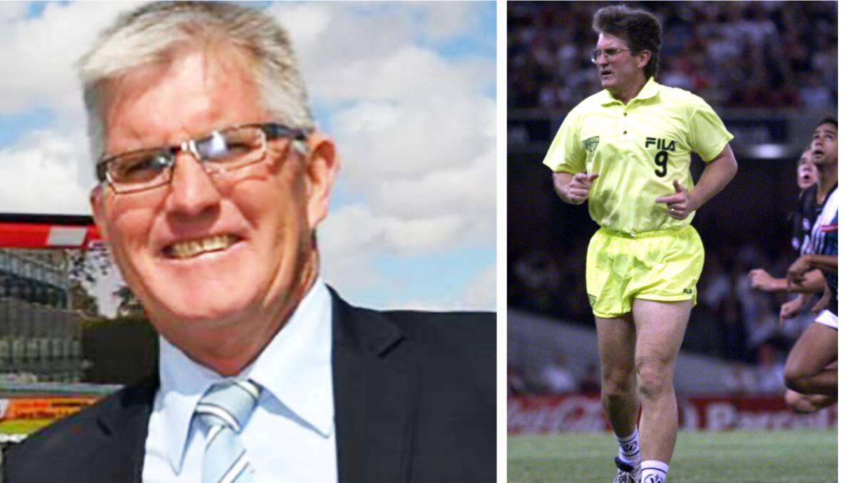 FOOTY FANATIC: Merv Keane at the Wycheproof races (left) and doing the running for Essendon coach Kevin Sheedy in 2000 (right).