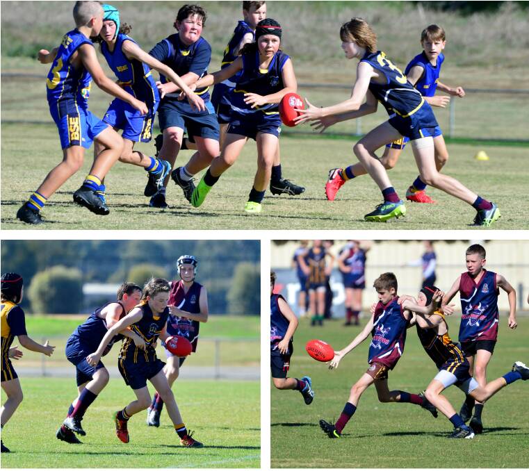 FOOTY FUN: Action from Thursday's game between Bendigo South East College and Marist College (top) and the clash between Catherine McAuley College and Weeroona College (bottom). Pictures: BRENDAN McCARTHY