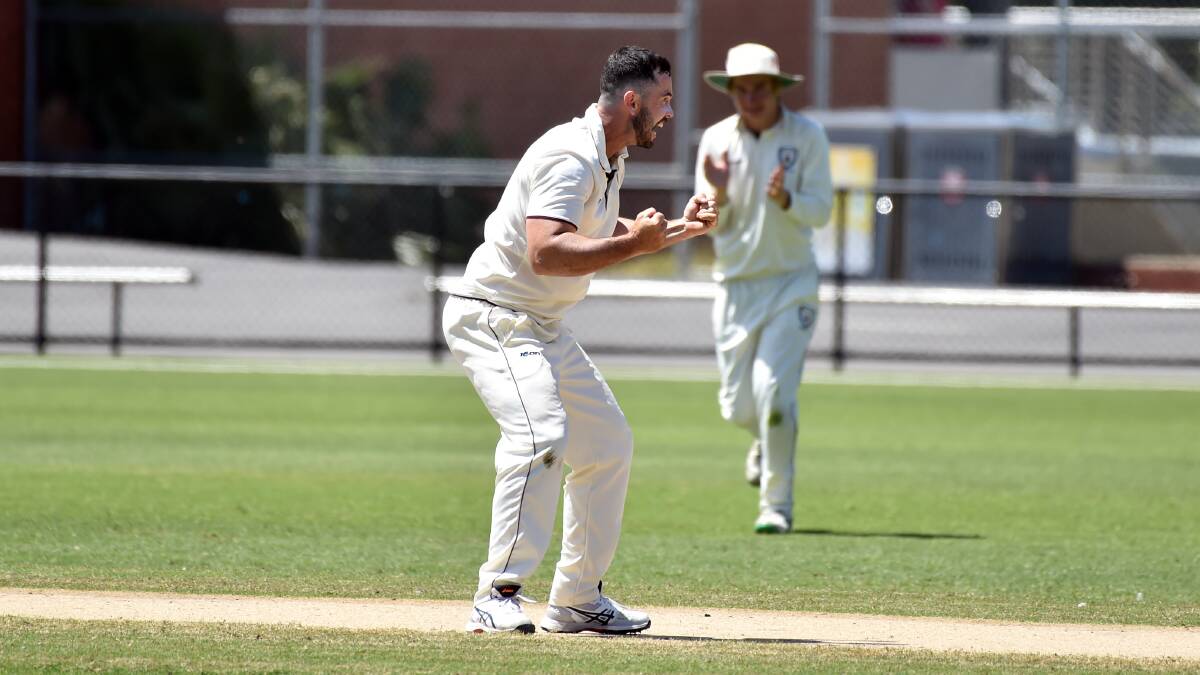 CELEBRATION: Sandhurst recruit Matt Combe after claiming one of his two wickets against Strathfieldsaye on Saturday. Combe finished with 2-26 off 14 overs.