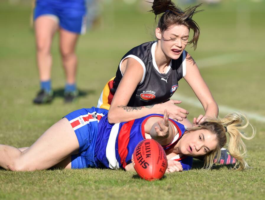 FIGHT FOR POSSESSION: It was a one-sided game at Weeroona Oval last Sunday as the Bendigo Thunder beat North Bendigo by 153 points in round two of the Northern Women's Football League. Picture: GLENN DANIELS