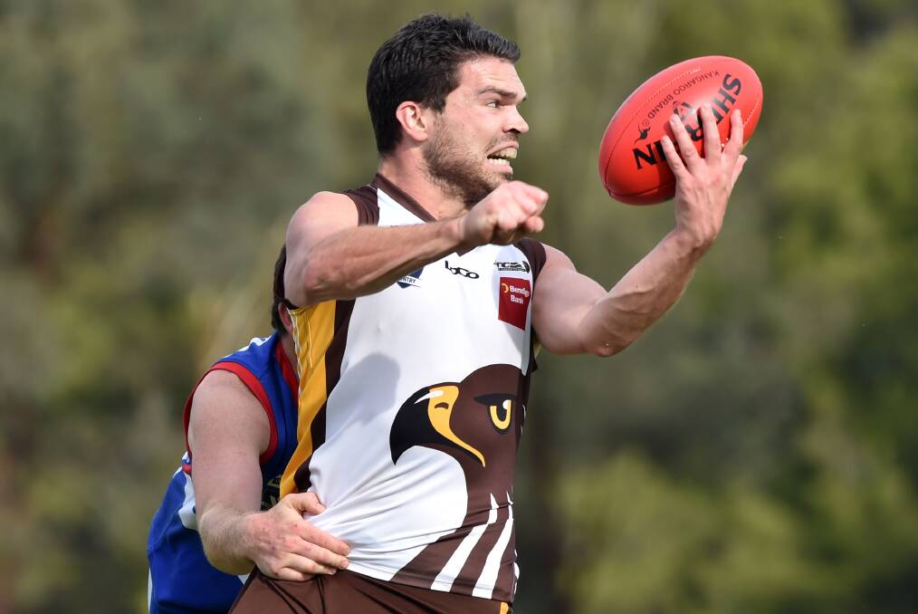 Huntly's Chris Gleeson kicked eight goals in last week's 103-point victory over Heathcote that improved the Hawks to 5-0 in the Heathcote District league.