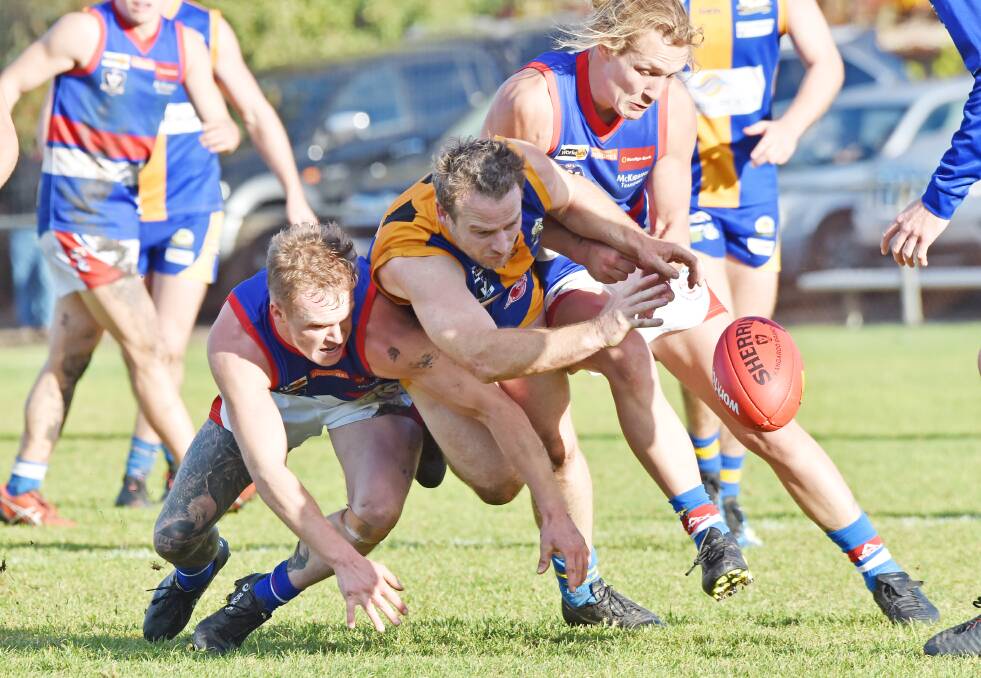 BULLDOG BATTLE: Golden Square's Dale Lowry competes for the ball with Gisborne's Ethan Minns and Brad Bernacki during Saturday's match at Wade Street. Golden Square was never headed in a comfortable 32-point victory. Picture: DARREN HOWE