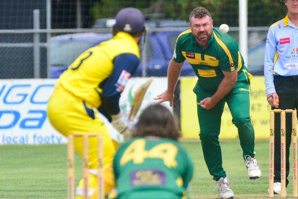 WELL BOWLED: Kangaroo Flat veteran Adam Burns during his spell of 2-35 off nine overs against Strathfieldsaye on Saturday.