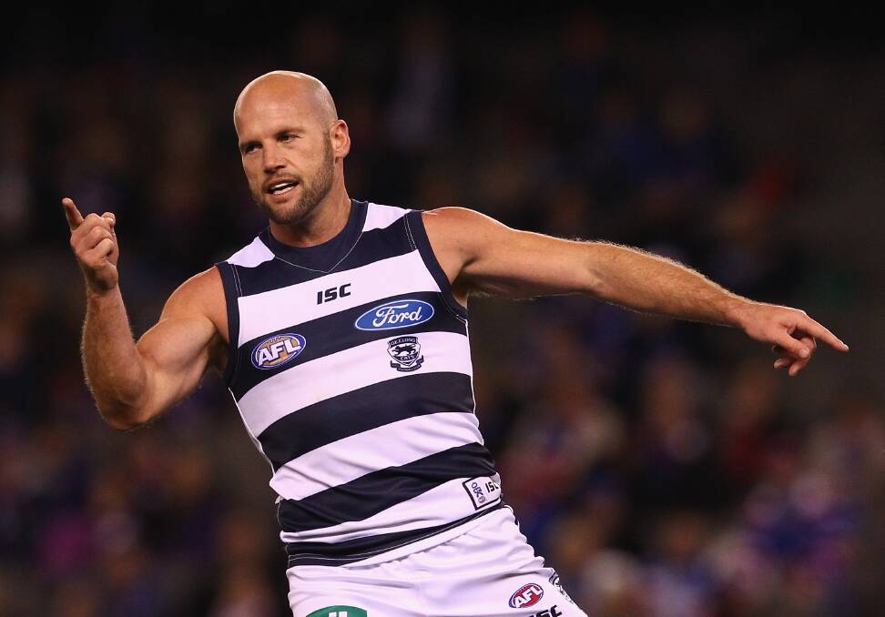 STELLAR CAREER: Paul Chapman after kicking a goal for Geelong in 2012. Picture: GETTY IMAGES
