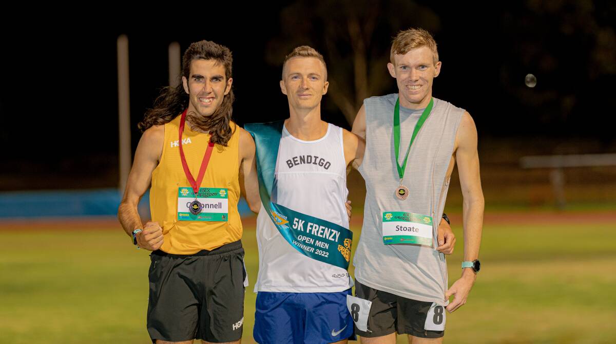 PODIUM: Seth O'Donnell, Andy Buchanan and Nathan Stoate after Friday night's elite men's 5km Frenzy. Picture: A.J. TAYLOR IMAGES