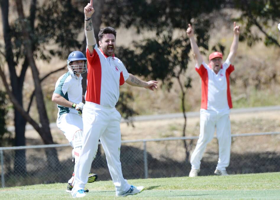 HOWZAT: Mandurang's Robert Johnson successfully appeals for the wicket of Emu Creek's Todd Brown on Saturday. Johnson claimed 1-34 off eight overs for the Rangas. Mandurang only needs 15 more runs with six wickets in hand for victory. Pictures: DARREN HOWE