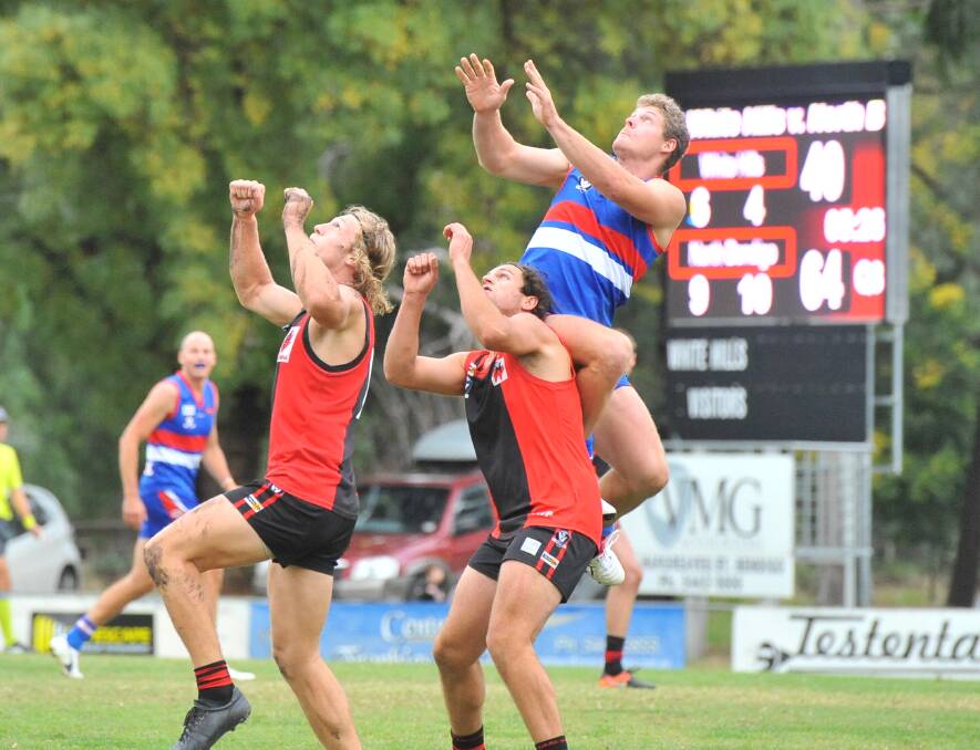 HIGH-FLYER: North Bendigo's Rhys Ford soars for a mark in his first game for the Bulldogs against White Hills on Saturday. Picture: ADAM BOURKE