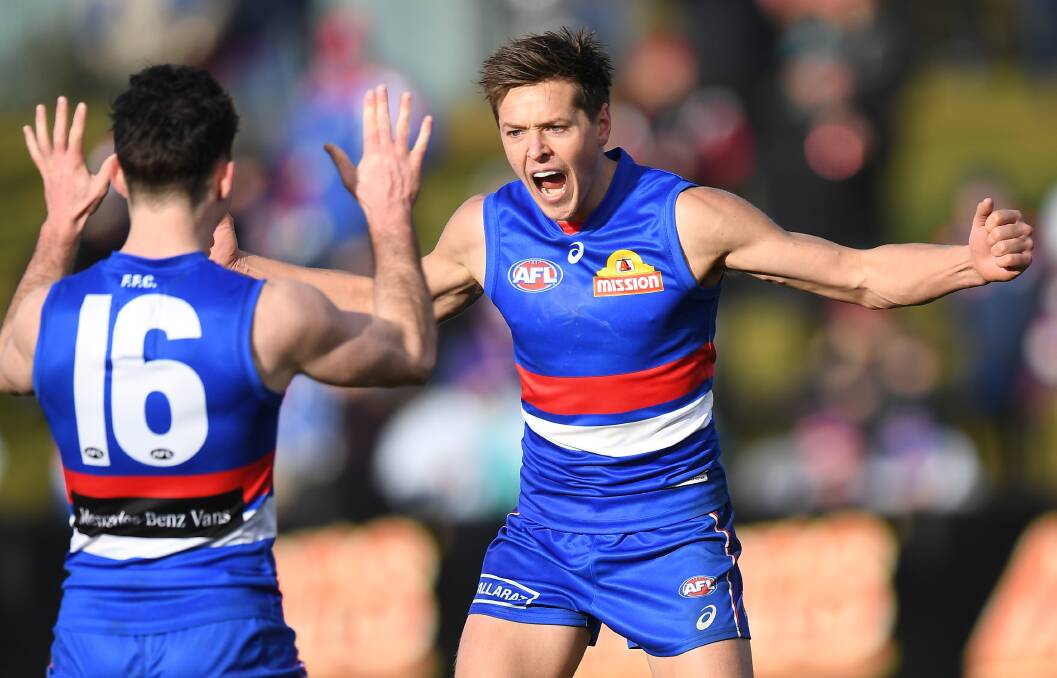 Fergus Greene celebrates his first goal for the Western Bulldogs last moth. Picture: FAIRFAX MEDIA
