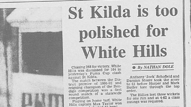 FLASHBACK: The Addy headline in the November 30, 1992, edition after St Kilda, featuring Shane Warne, beat White Hills by 103 runs. Warne took four wickets.