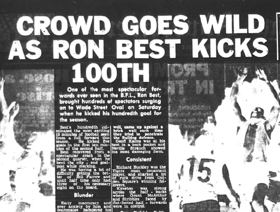 TEENAGE TON: The back page of the Bendigo Advertiser on the Monday after Ron Best kicked his 100th goal in the final round of 1968 - his debut season at Golden Square.