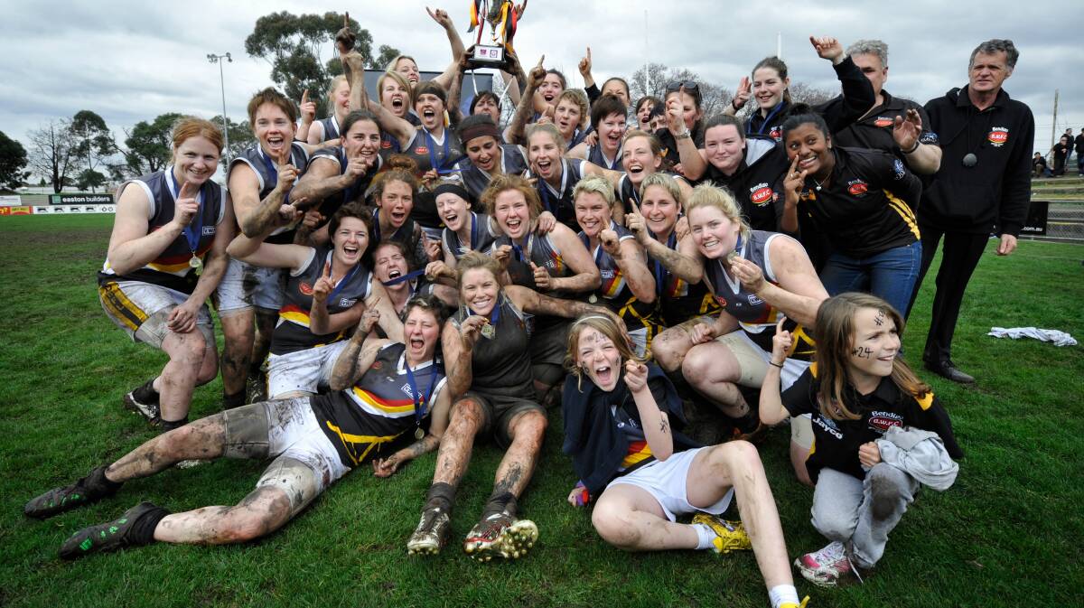 JOB WELL DONE: The Bendigo Thunder's 2012 premiership team. The Thunder defeated La Trobe Uni by 20 points to win the flag in a mudheap at Coburg City Oval.