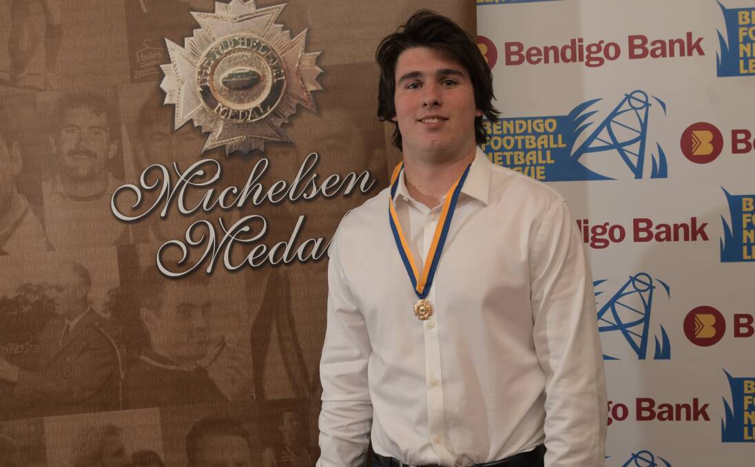 STORM RECRUIT: Baxter Slater pictured in 2018 after winning the Symons Medal as the BFNL's under-18 best and fairest while playing at Gisborne. Slater is joining Strathfieldsaye for the 2021 season. Picture: NONI HYETT