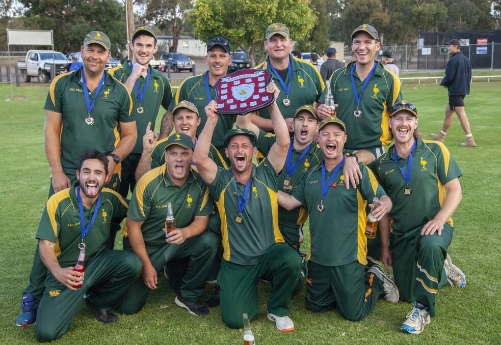 PARTY TIME: Emu Creek with the EVCA premiership shield after beating United by 20 runs in Saturday's grand final. Picture: PETER KRUTOP